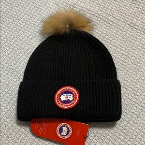 Canada Goose Black Knit Hat with Brown Pom